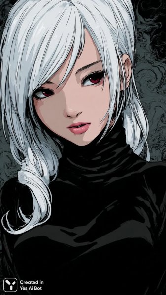 Элегантная вампирша в стиле аниме с пронзительным взглядом и черным кожаным нарядом. Нейросеть Миджорни