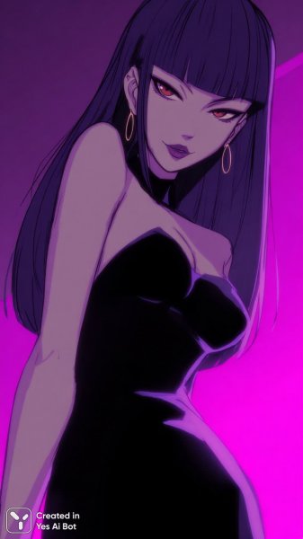 Вампирша в неоновом свете: дерзкая красота аниме-девушки с фиолетовыми волосами и алыми глазами. Изображение из нейронной сети Midjourney