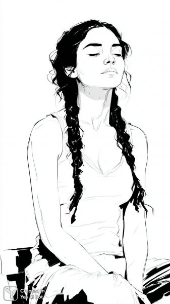 Загадочная красота: черно-белый скетч молодой женщины в минималистичном стиле. Изображение из нейросети Midjourney