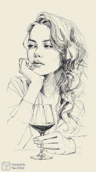 Загадочная красотка с вином в руках: черно-белый эскиз соблазнительной девушки. Изображение из нейросети Midjourney