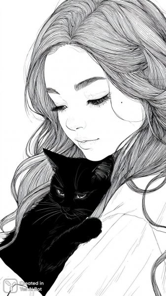 Уютный момент с кошкой: черно-белый эскиз спокойствия и тепла. Генерация из нейронной сети Midjourney