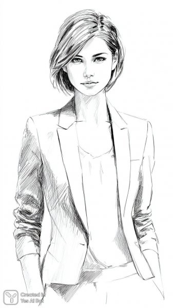 Уверенность в деталях: монохромный скетч деловой женщины в стиле минимализм. Картинка из нейросети Midjourney