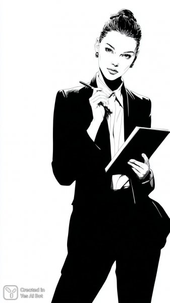 Деловая женщина: минималистичный черно-белый скетч в стиле линейного искусства. Нейросеть Midjourney