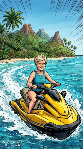 Погоня на гидроцикле к райскому острову в кристально чистой воде. Картинка из нейронной сети NanoBanana