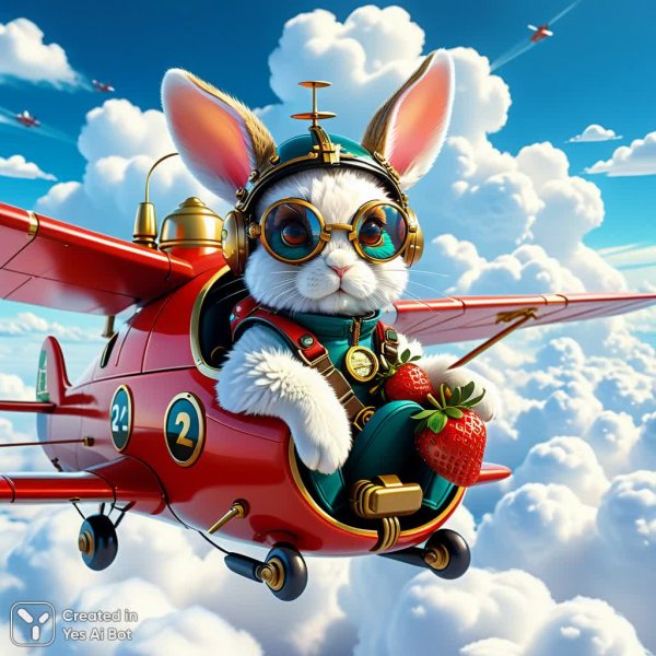Забавный кролик-пилот в клубничном самолете над облаками. Картинка из нейросети Стейбл Дифьюжен