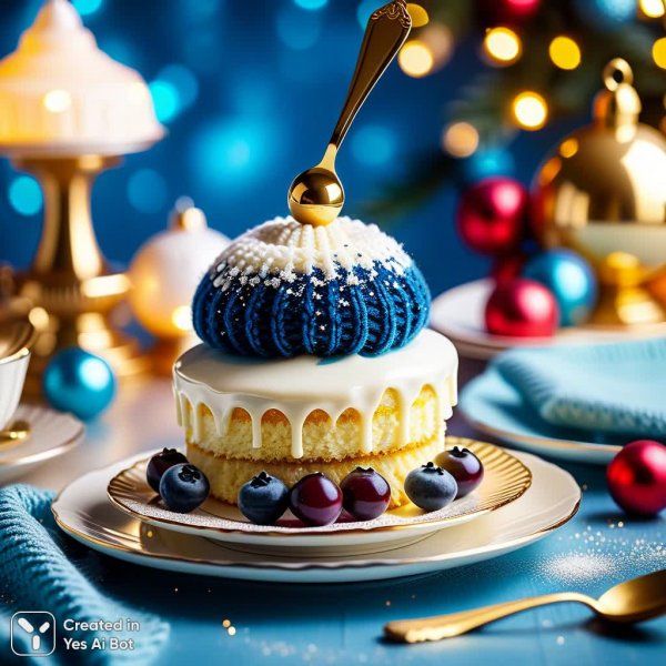 Вязаный торт в стиле шик с кремовым помпоном и черничным акцентом. Нейронная сеть Stable Diffusion