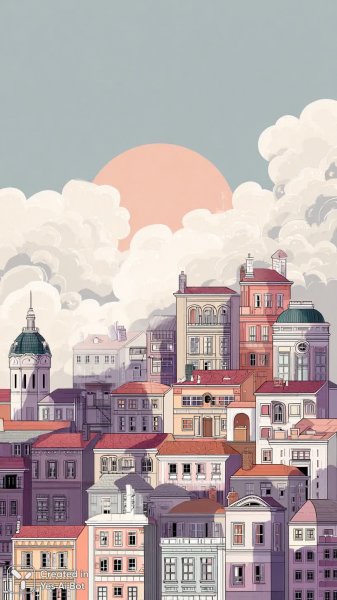 Нежная пастельная иллюстрация очаровательного города с яркими деталями. Нейронная сеть Миджорни