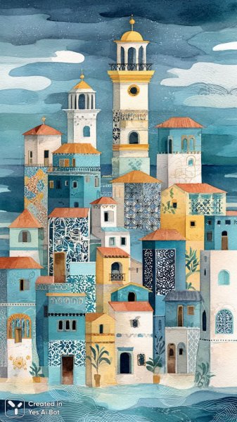 Пляжные домики в стиле фолк-арта с яркими красками и причудливыми узорами. Нейросеть Midjourney