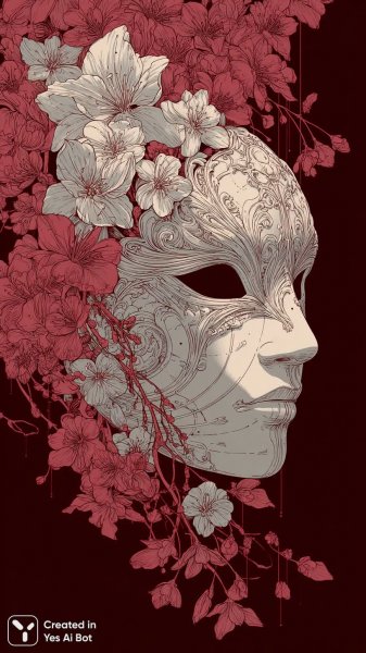 Маска среди цветов: яркий акцент на черно-белом фоне. Генерация из нейронной сети Midjourney