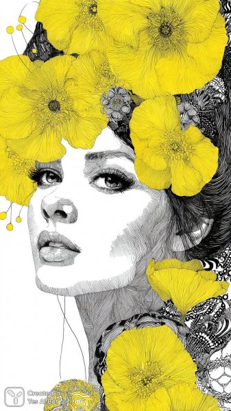 Изысканный макияж с желтыми маками и глянцевыми губами: детализированная иллюстрация в технике чернил. Нейронная сеть Миджорни