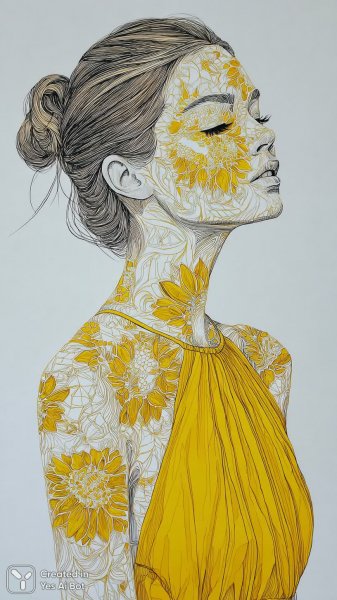 Яркая красотка в кружевном платье с солнечными узорами на лице. Генерация из нейросети Миджорни