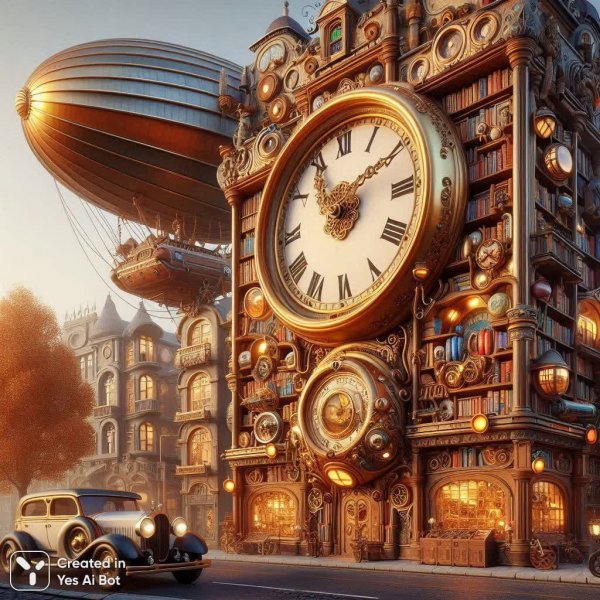 Временами и книги: городская панорама в стиле ретро. Изображение из нейронной сети Далли 3