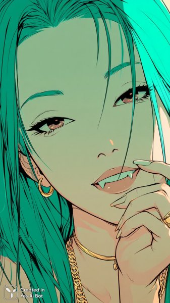 Яркая девушка-вампир в стиле аниме с зелеными волосами и красными глазами. Картинка из нейросети Midjourney