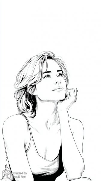 Задумчивая женщина: минималистичный черно-белый набросок в стиле линейной графики и инк арт. Картинка из нейросети Миджорни