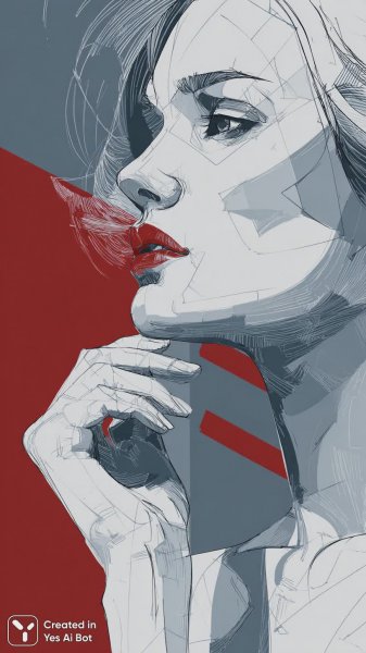Женский портрет с красными губами и графичными элементами. Картинка из нейросети Midjourney