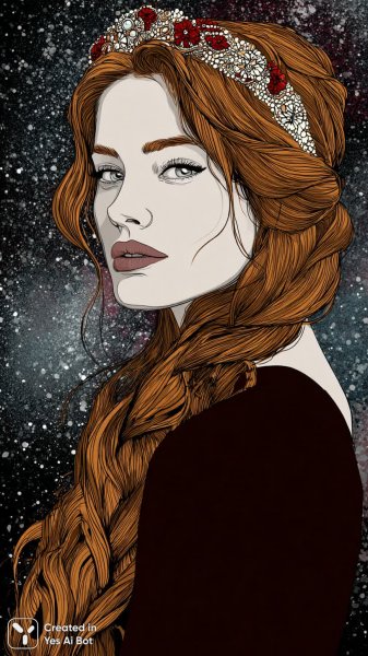 Загадочная красавица с пышными волосами и необычным головным убором. Нейронная сеть Миджорни