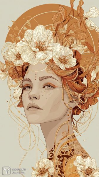 Загадочный портрет с оранжевыми цветами и элементами ар-деко. Картинка из нейросети Миджорни