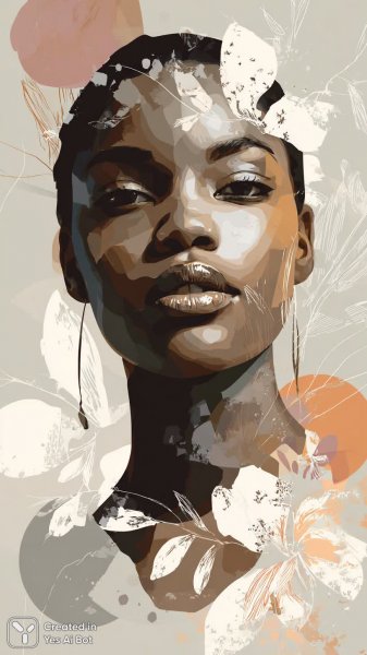 Яркая африканка в стиле поп-арт с цветочными мотивами и контрастным макияжем. Генерация из нейронной сети Midjourney