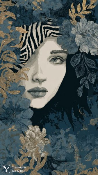 Изысканный портрет в стиле флорального дзен и золотых акцентов. Картинка из нейронной сети Миджорни