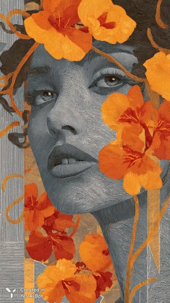 Яркий портрет женщины в стиле поп-арт с цветами и неоновыми вихрями на сером фоне. Генерация из нейросети Миджорни