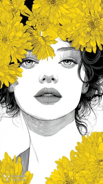 Лицо в цветах: яркая иллюстрация в стиле ар-деко с графичными полосами и деталями. Генерация из нейросети Midjourney