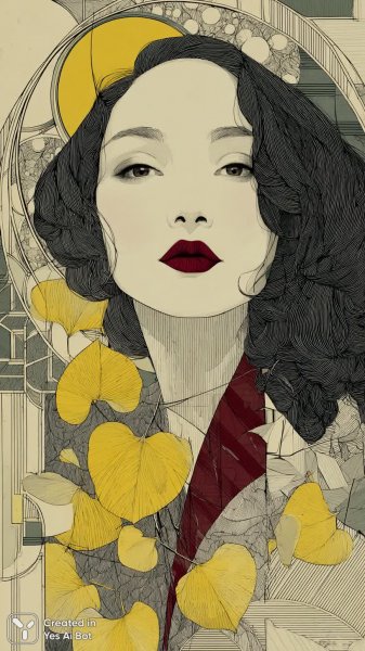 Яркая красота: черные волосы и алая помада в цветочном узоре с геометрией. Изображение из нейросети Миджорни