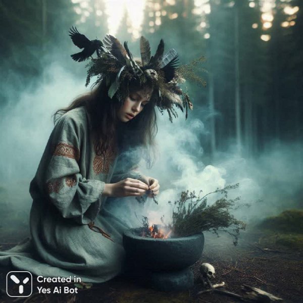 Загадочный ритуал шаманки в сумрачном лесу: мистика и древние силы природы. Нейросеть Dalle