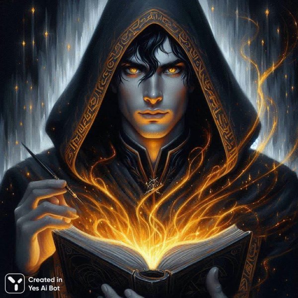 Маг с древней книгой в сумрачном лесу: заклинание темного мага. Изображение из нейронной сети Dalle 3