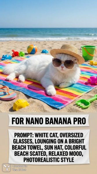 Белый кот на пляже: фотореалистичный релакс с яркими деталями. Изображение из нейронной сети Nano Banana