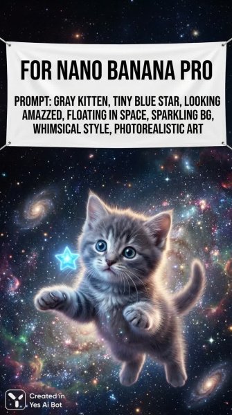 Удивительный котенок в космосе: фотореалистичный арт с волшебным звездным фоном. Генерация из нейросети Nano-Banana