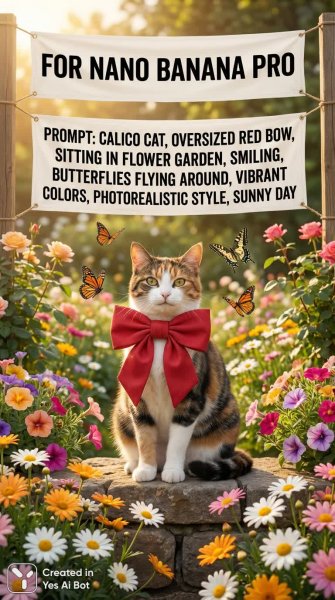 Замечательный котик в цветущем саду: фотореалистичный портрет с бабочками. Картинка из нейросети Nano Banana