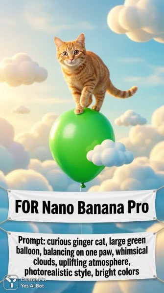 Забавный кот с воздушным шаром: фотореалистичная картина в ярких тонах. Изображение из нейросети Nano Banana