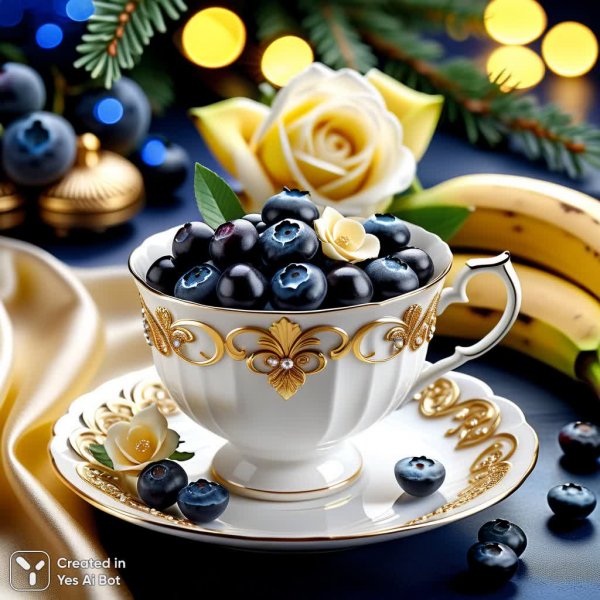 Изысканный фарфоровый чайный сервиз с ягодами и цветами. Генерация из нейронной сети Stable Diffusion