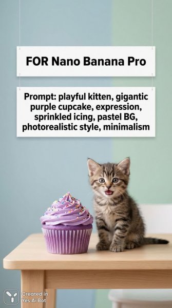Котенок и гигантский кекс: фотореалистичный минимализм в пастельных тонах. Нейронная сеть Nano Banana