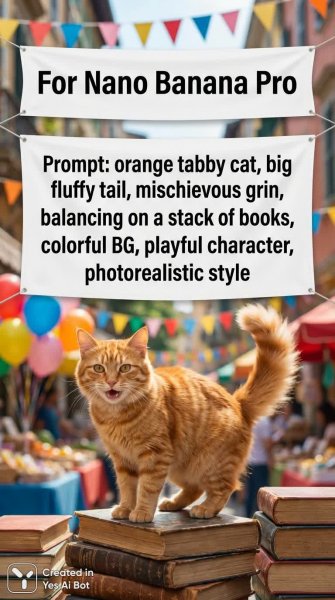 Хитроумный котик на книжной горе: фотореалистичный портрет озорника. Нейронная сеть Nano Banana