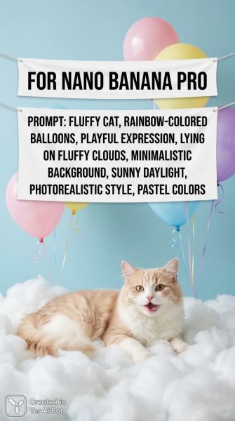 Милый котик и радужные шары в сказочном мире. Картинка из нейронной сети NanoBanana