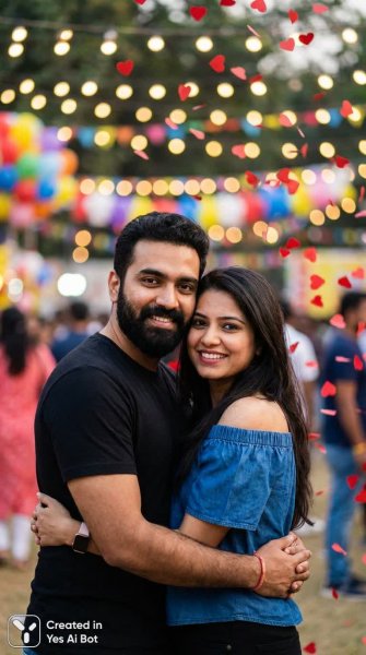 Любовь в ярких красках: романтическое фото пары с красными сердцами. Нейронная сеть NanoBanana