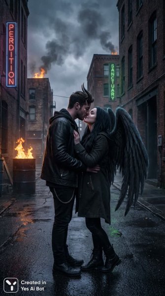 Темная страсть: поцелуй ангела и демона в городе. Картинка из нейросети Нано Банана