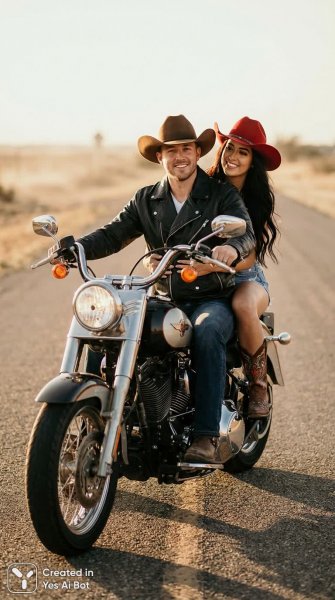 Всадники на мотоцикле: фотореалистичная пара в ковбойском стиле. Картинка из нейросети Нано Банана
