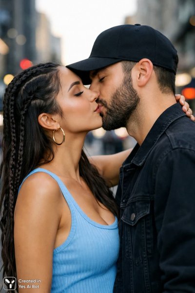 Нежная любовь в городской суете: фотореалистичный кадр пары. Изображение из нейросети Sora Ai Images