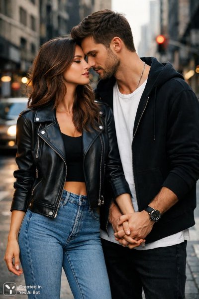 Влюбленная пара на городской улице в стильном образе, держатся за руки. Изображение из нейросети Sora