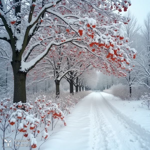 Зимнее безмолвие рябины и вишни под снегом. Нейросеть Flux.1