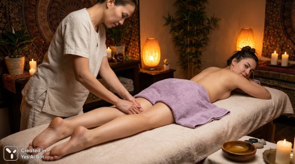 Романтичный массаж: нежность прикосновений и умиротворяющая атмосфера релаксации для двоих. Изображение из нейронной сети Nano-Banana