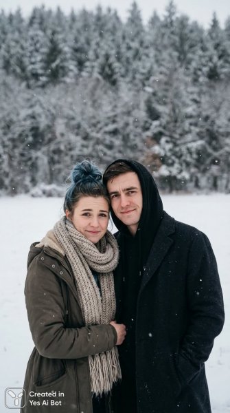 Влюблённые на фоне зимнего пейзажа. Изображение из нейросети Nano-Banana