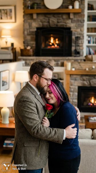 Любовь в деталях: романтика вечера у камина с красной розой. Картинка из нейросети Nano Banana