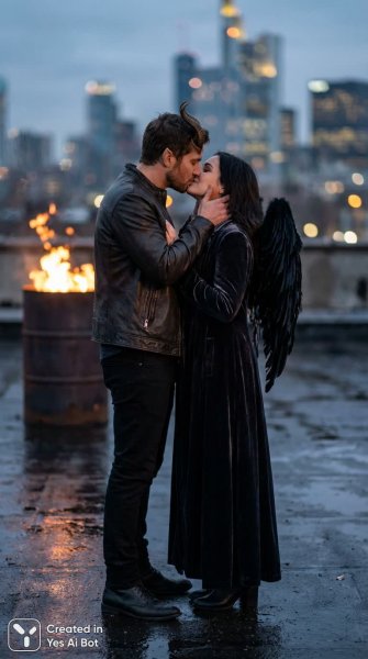 Демоническая нежность: фотореалистичная встреча ангела и демона в городе. Изображение из нейросети Nano-Banana