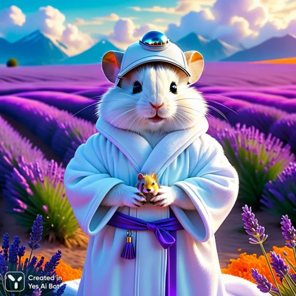 Миниатюрный хомяк и огромный Здун в лавандовом поле: цифровое волшебство. Картинка из нейросети Stable Diffusion