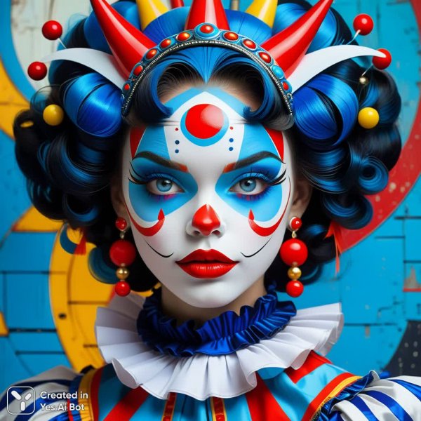 Яркий образ девочки-клоуна в необычном головном уборе с рогами и причудливым орнаментом. Нейронная сеть Stable Diffusion