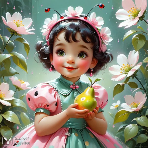 Милый ребенок с персиком: сказочный натюрморт в стиле Жана Батиста Монж. Картинка из нейросети Stable Diffusion