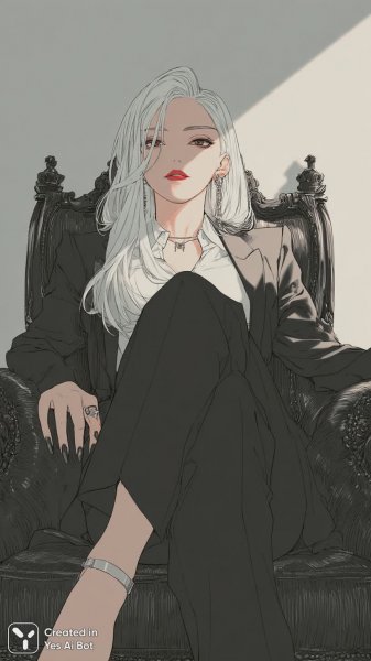 Загадочная вампирша в цифровом стиле: портрет с алым макияжем и серебряными волосами на темном троне. Картинка из нейросети Midjourney